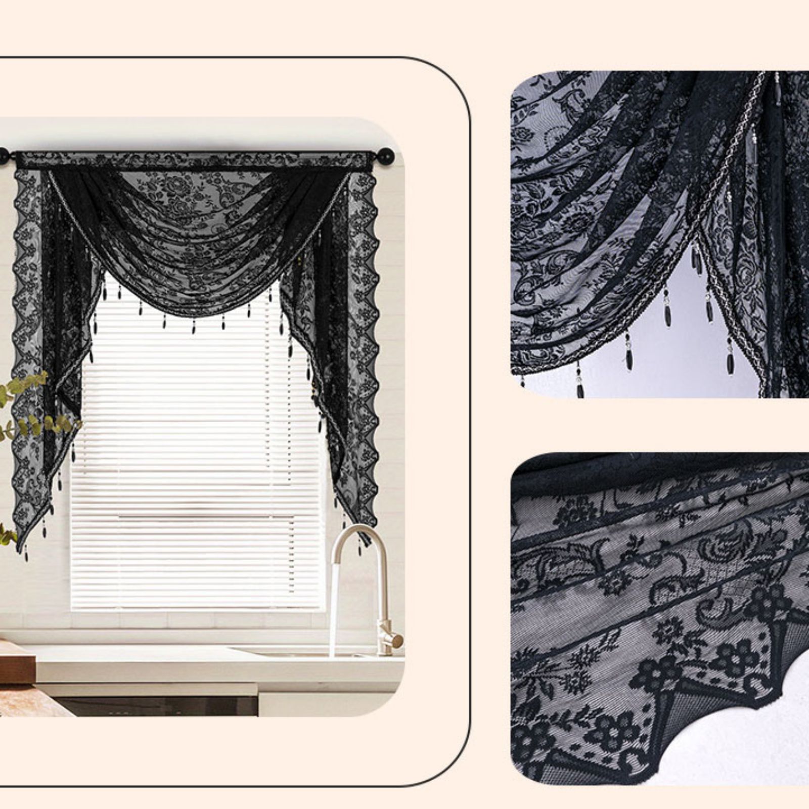 Sheer Lace Waterfall Window Valance with Bead Tassels Floral Embroidered Valance Curtains Semi Sheer Rod Pocket Valance/Swags for Bedroom/Living Room/Kitchen/Basement