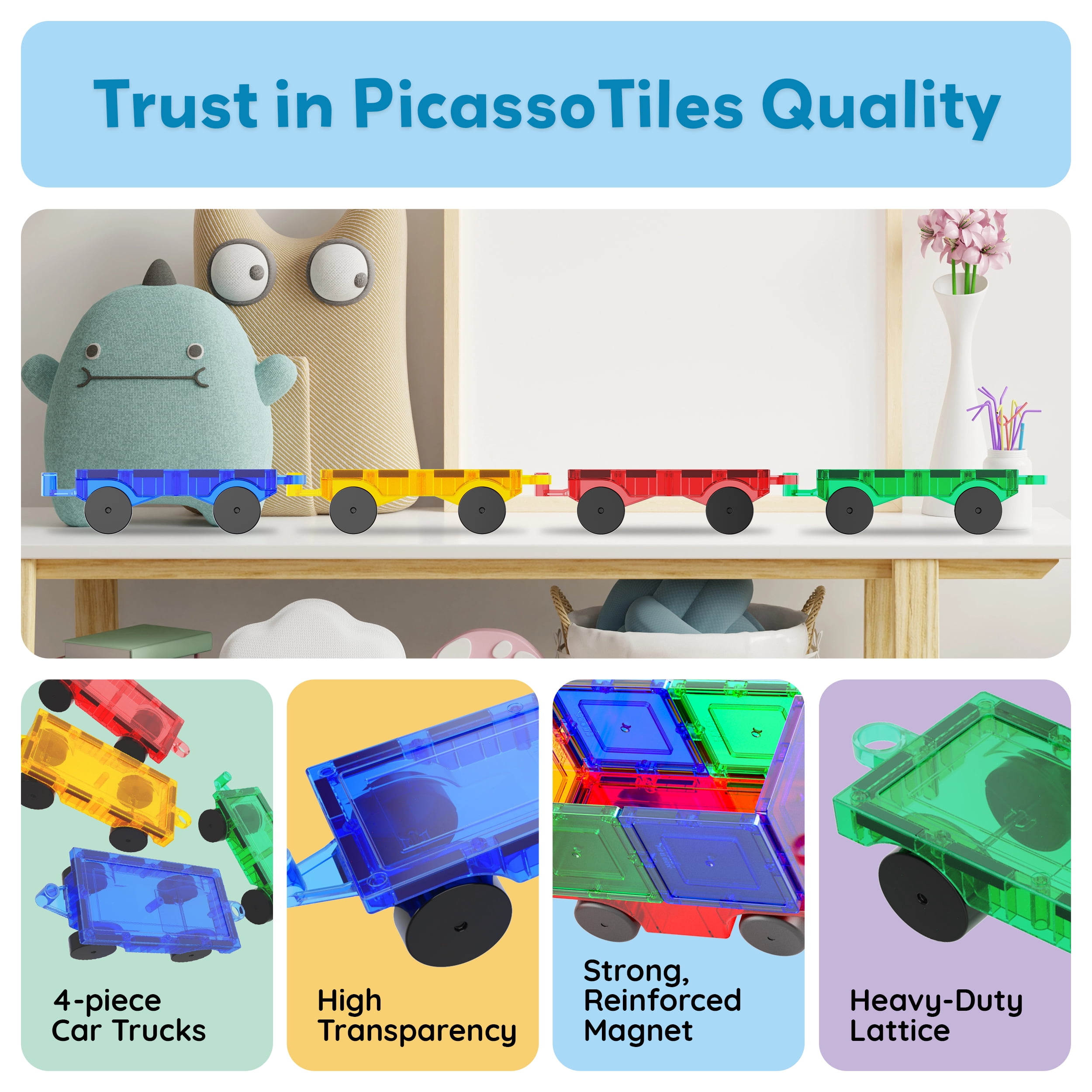 PicassoTiles 4PC Magnetic Tiles Car Truck Base Construction Building Toy , Educational STEM Building Kits for Kids