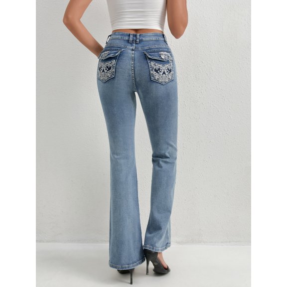 Plus Size Flare Leg Denim Jeans: Gradient Color, Zipper Button, Pocket Details, Long Medium Stretch, Grunge Punk Distressed Washed Cross-studded, Avant-garde Style