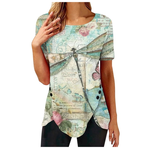 Moda Casual Sexy Impreso Posición Imprimir Irregular Dobladillo Botón Manga corta Camiseta Top Blusa Pompotops hfajkhk140347