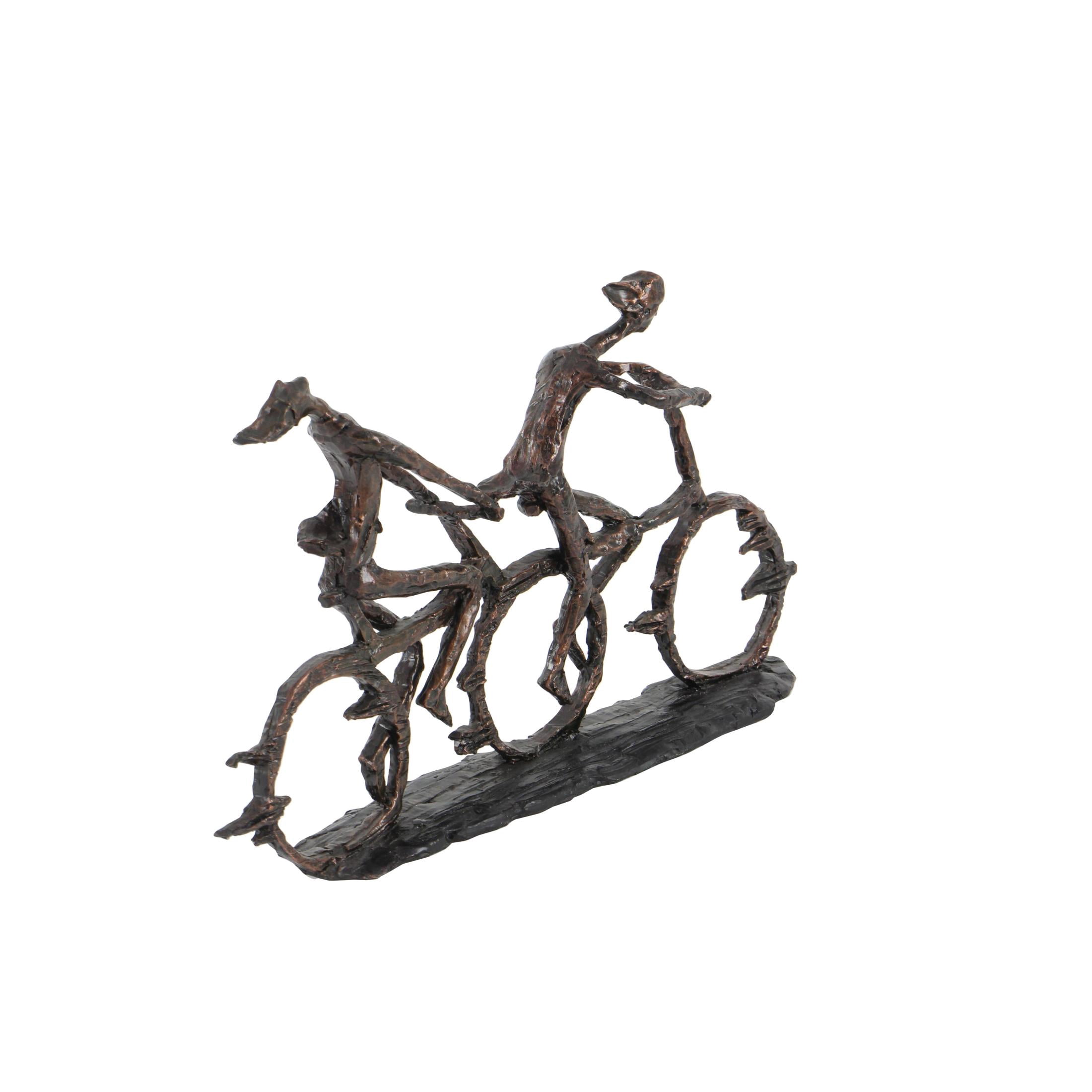 21" x 13" Bronze Polystone Bicycling People Sculpture with Copper Texturing, by DecMode