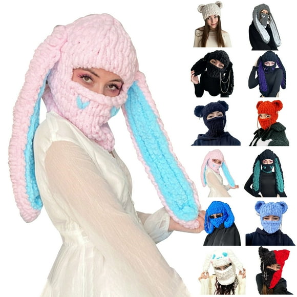 Meitianfacai Knit Y2k Hat Cat Beanie with Devil Horn and Long Bunny Ear Crochet Shiesty Ski Mask Balaclava Grunge Accessories,A
