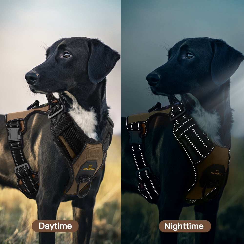 MASBRILL Reflective Dog Harness No Pull Dog Vest Harness with Handle, Breathable Padded Dog Chest Harness Adjustable for Large Dog-Brown XL