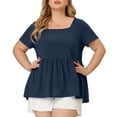 thumbnail image 2 of Women's Plus Size Tee Shirts Square Neck Textured Printed Peplum Summer Short Sleeve Tops Navy Blue 2X, 2 of 7