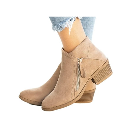 

GENILU Ladies Anti-Slip Fashion Bootie Round Toe Stacked Heel Booties Work Chunky Short Boot Beige 6.5