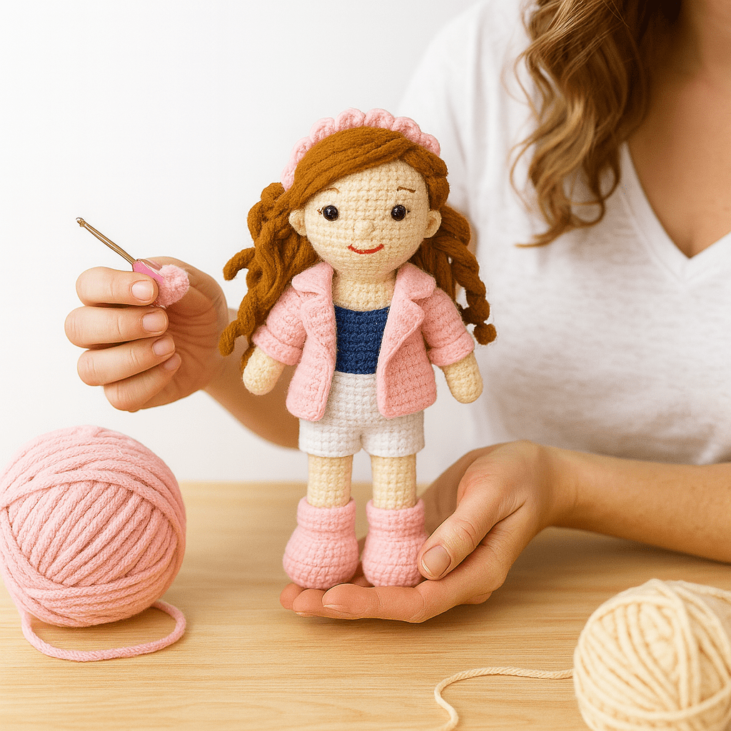 Handmade Crochet Girl Doll – Woolen Plush in Pink Jacket, White Skirt & Headband | Stylish Soft Toy for Kids & Gifting
