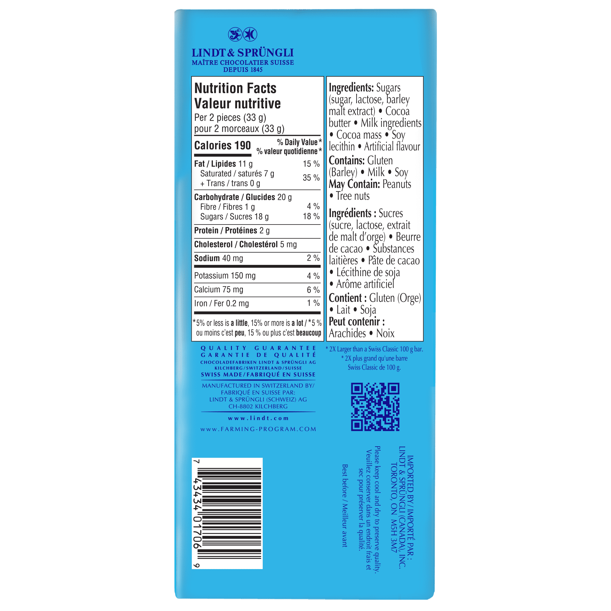 Lindt SWISS CLASSIC Milk Chocolate Bar, 200g