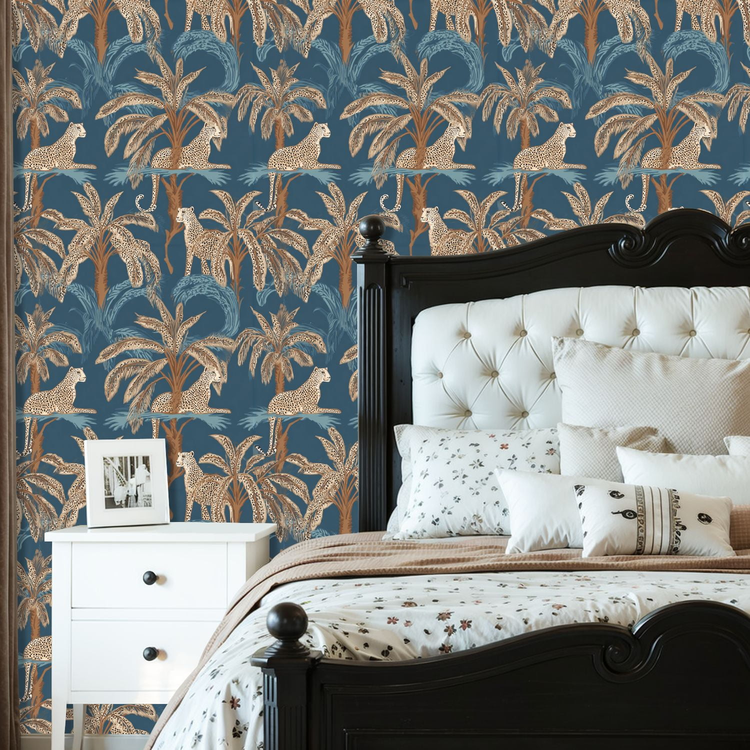 Cheetah Peel and Stick Wallpaper 23.6in x 9.8ft Tropical Jungle Cheetahs Palm Trees Blue Contact Paper Vinyl Waterproof Self Adhesive Wall Paper for Bedroom Shelf Cabinet Renter Friendly