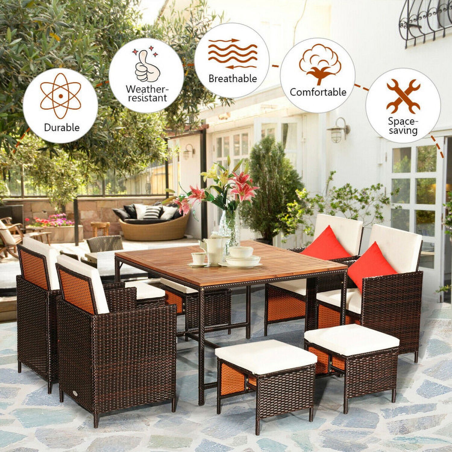 Aimee Lii 9 Pieces Patio Rattan Dining Cushioned Chairs Set, Outdoor Patio Furniture, White