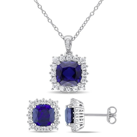 Tangelo 8-1/2 Carat T.G.W. Created Blue and Created White Sapphire and 1/10 Carat T.W. Diamond Sterling Silver Halo Earrings and Pendant Set