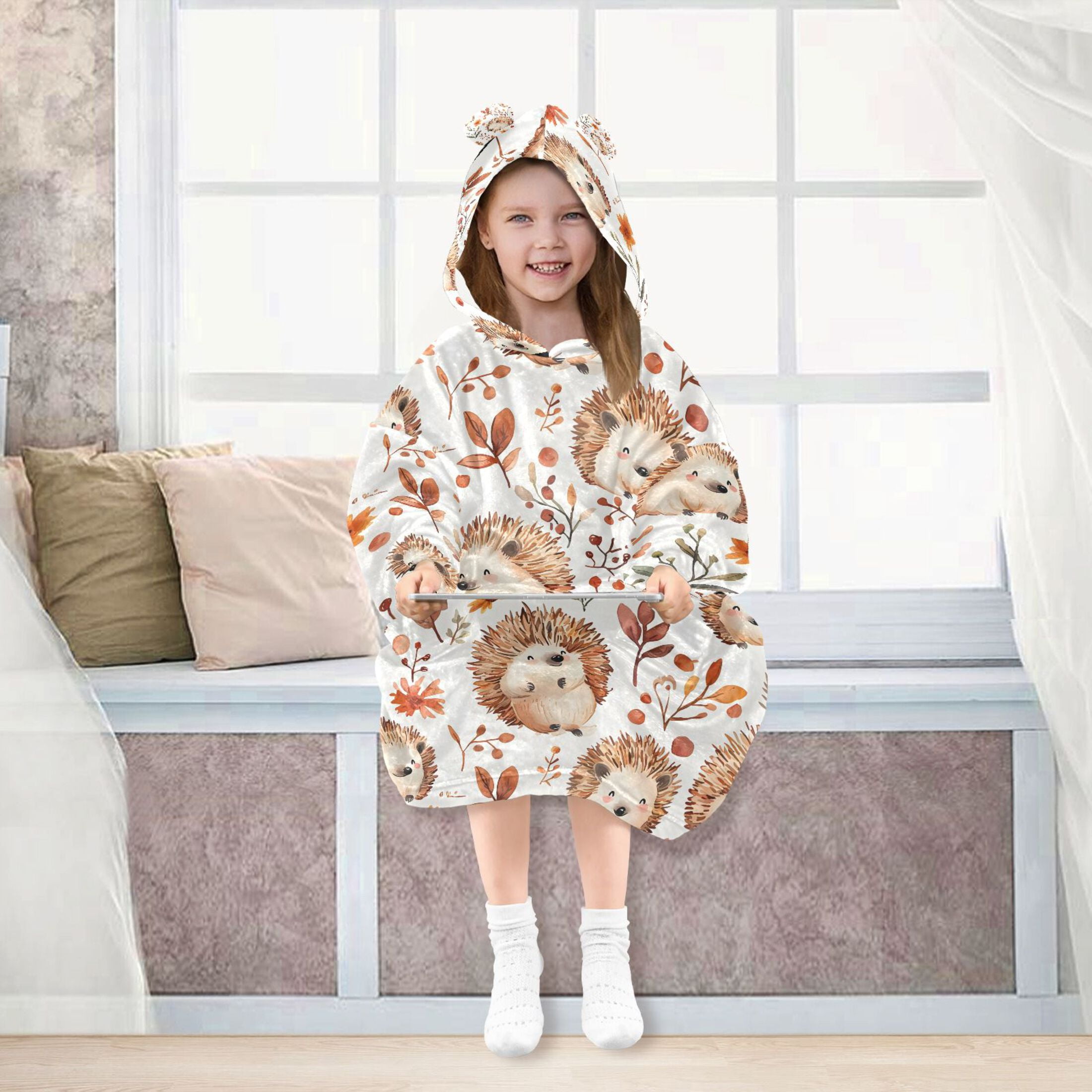 joogoo Blanket Hoodie for Hedgehog Leaves Flower Oversize Sweatshirt 3-14 YR L