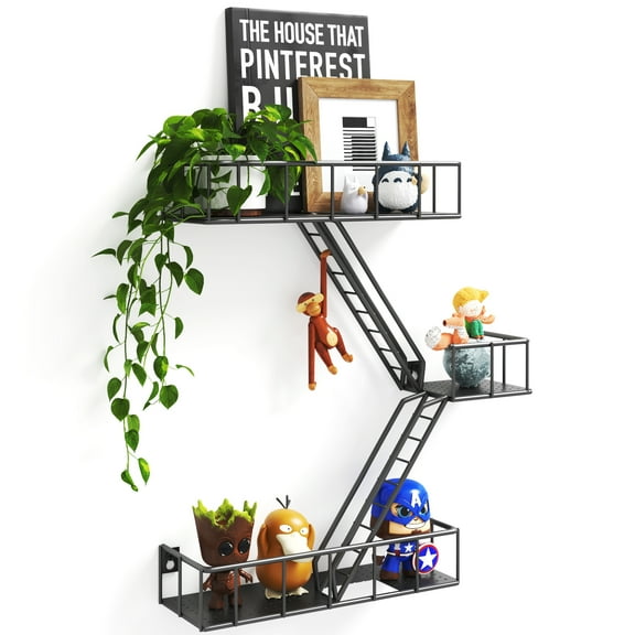 EOSTBE 7.5" x 12" Black Metal Fire Escape Floating Shelves 3-Tier