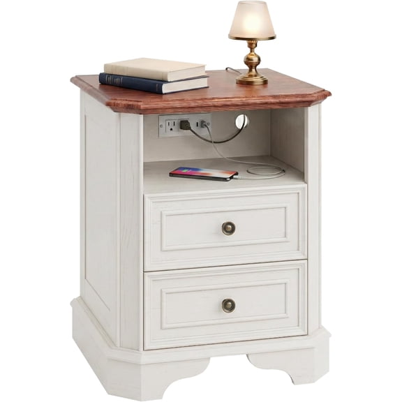 24" White Nightstand with Charging Station, Modern Farmhouse Bedside Table with 2 Drawers and Open Shelf, Traditional Wood End Table with Outlets and USB Ports