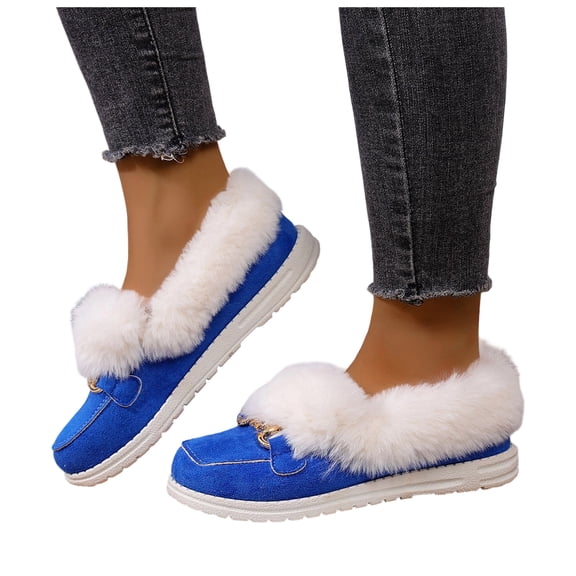 Women's Cozy Furry Slip on Boots Winter Warm Plush Lined Walking Loafers Suede Warm Cozy Flat Mules Shoes Blue Size 6