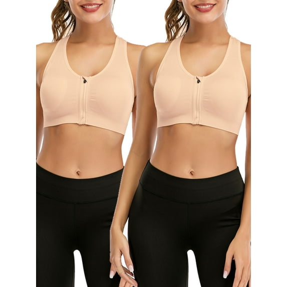 YouLoveIt 2 pcs Women's Front Zipper Sports Bra Casual Crop Tops Racerback Sports Bras for Women Seamless Zipfront Padded Cups Sports Bra