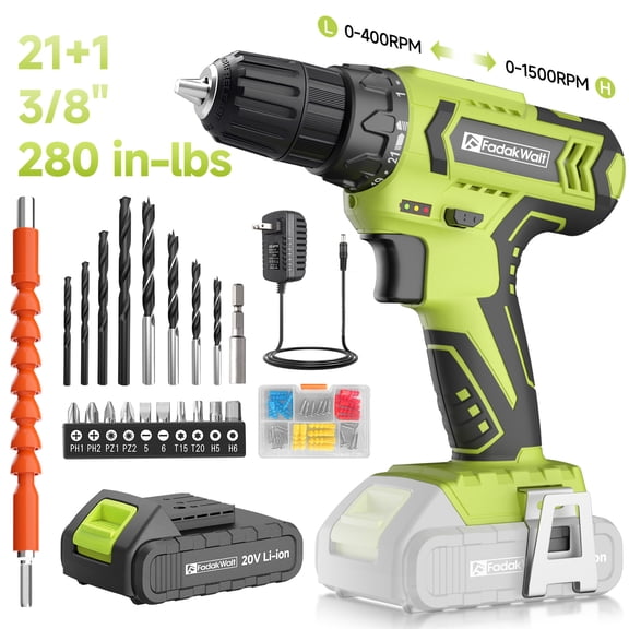 20V MAX Cordless Drill Set with Battery & Charger, 280 in-lbs Power Drill Kit, 2-Speed (0-1400 RPM), 21 1 Torque, 3/8" Keyless Chuck, 30pc Drill/Driver Bits, LED Light for Wood/Metal/Concrete(Green)