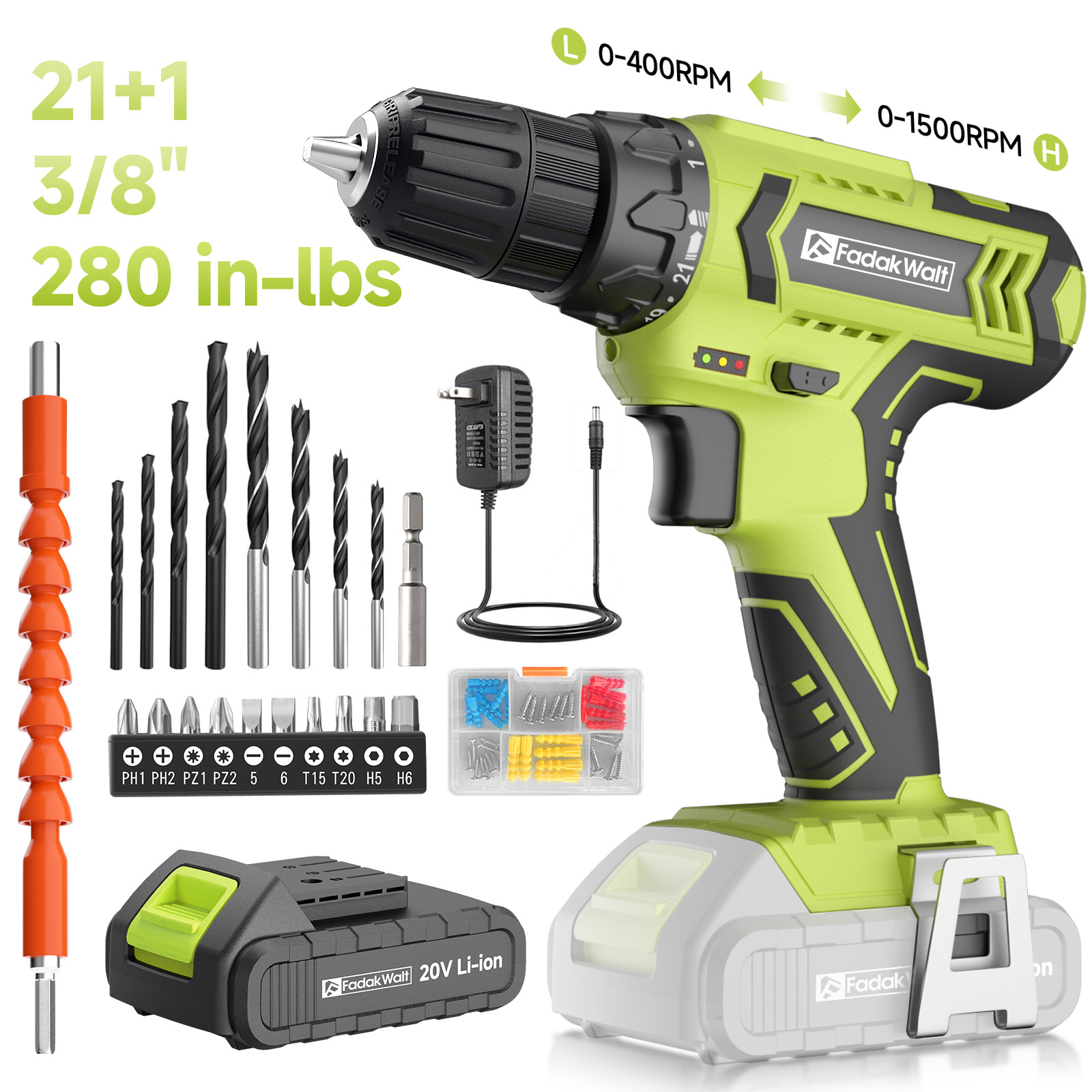 20V MAX Cordless Drill Set with Battery & Charger, 280 in-lbs Power Drill Kit, 2-Speed (0-1400 RPM), 21+1 Torque, 3/8" Keyless Chuck, 30pc Drill/Driver Bits, LED Light for Wood/Metal/Concrete(Green)