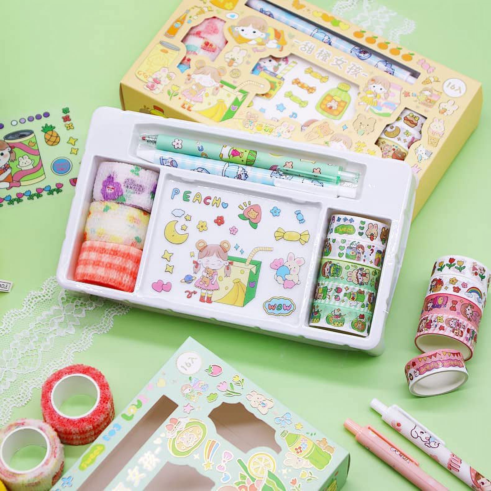 DanceeMangoos Kawaii Washi Tape Set - 5 Rolls Cute Washi Paper Masking Tape  and 6Pcs Stickers Set, DIY Decorative Stickers for Journaling