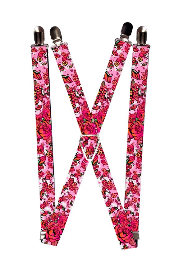 Bright Colorful Roses and Pink Floral Pattern Suspenders