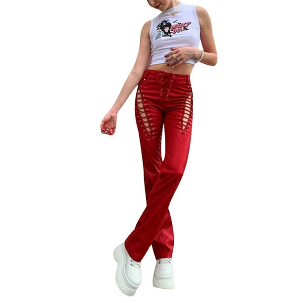 SAYOO - Pantalones de piel para mujer, ajustados, rectos, informales, a la moda, de cintura alta SAYOO S-XL