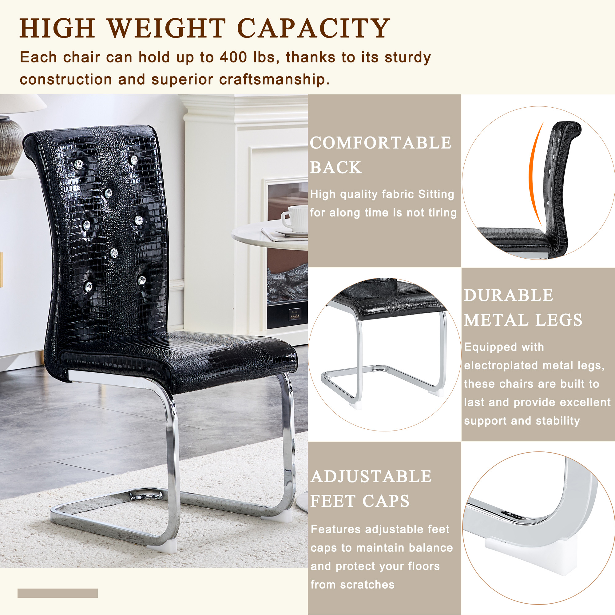 Alvantor Dining Chairs Set of 2, Retro Leather Chairs with Crystal Buckle , Upholstered Accent Chairs for Dining Room & Kitchen Black