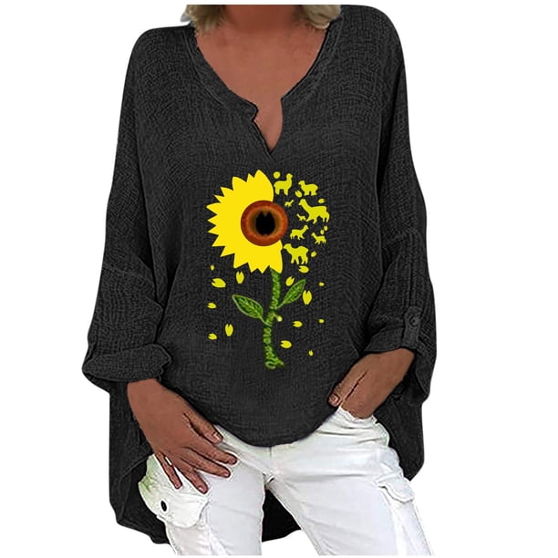 Camiseta suelta estampada a la moda para mujer Blusa de manga larga con cuello en V Tops casuales Pompotops FGAJ3855