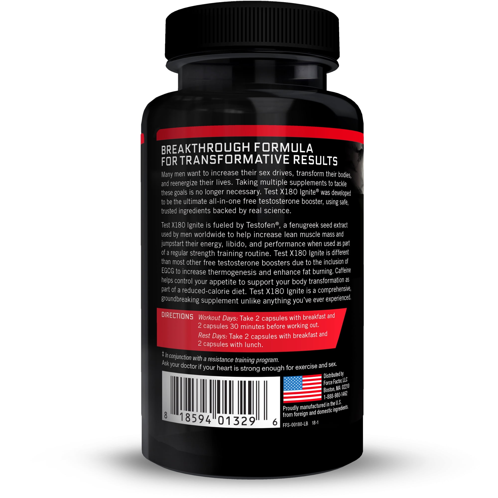 Force Factor Test X180 Ignite, Testosterone Booster for Men with Fenugreek, Horny Goat Weed for Muscle, Strength, Energy & Performance, 60 Capsules