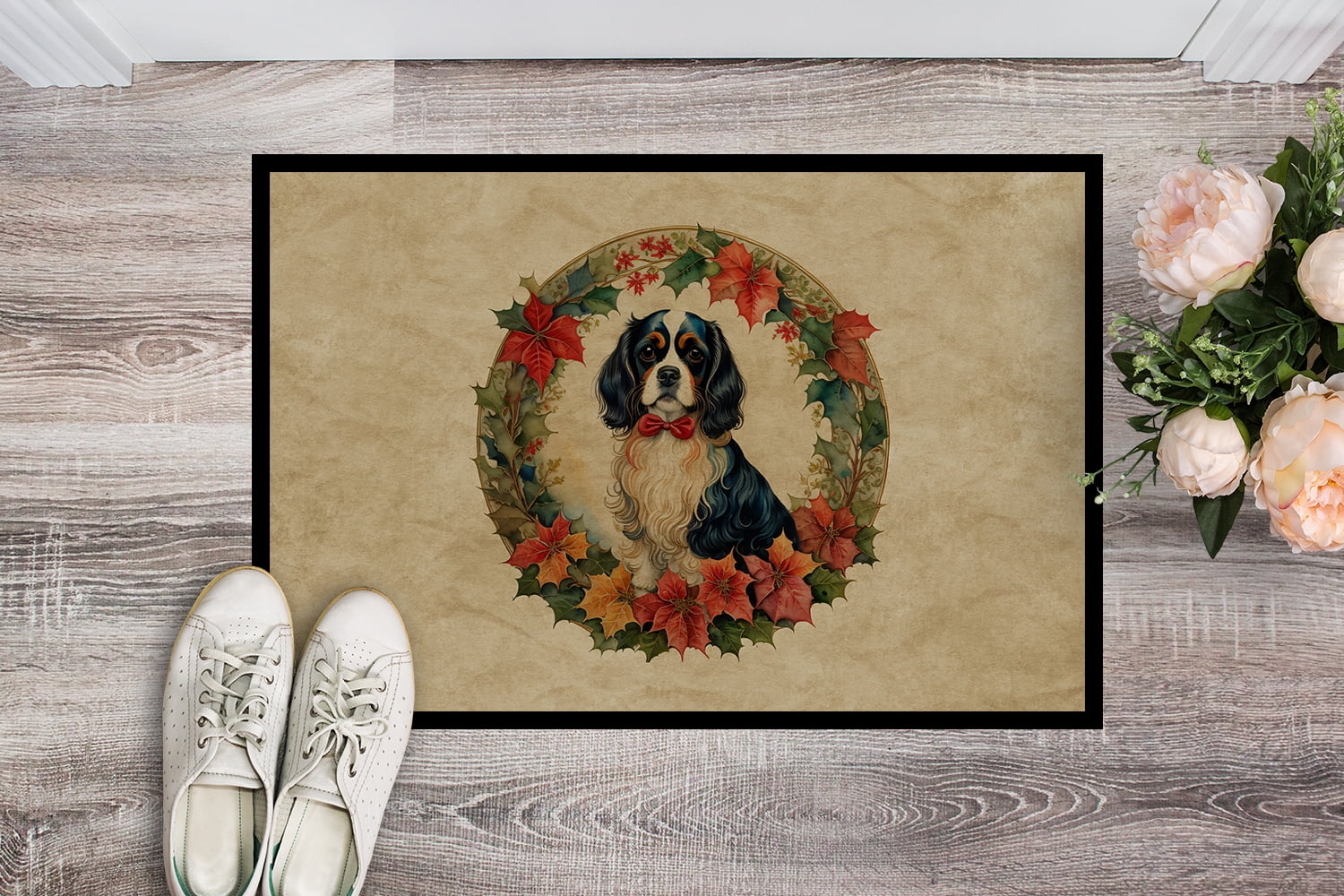 Carolines Treasures DAC2338MAT 18 x 27 in. Unisex Cavalier Spaniel Christmas Flowers Doormat