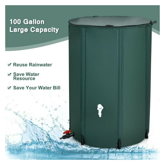 100 Gallon Rain Barrel, Portable Water Collector Tank with Spigot & Filter - Foldable Rainwater Harvesting System for Garden, Lawn, & Outdoor Use - Green