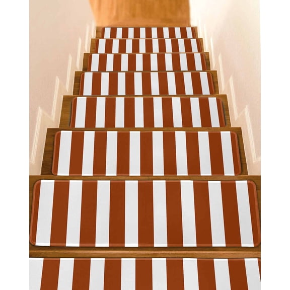 Stair Treads for Wooden Steps,Burnt Orange Stripe Peel and Stick Stair Treads with Reusable Adhesive,Farmhouse Striped Abstract Art Non Slip Indoor Stairs Runner Rugs Mats for Elders Dogs 8"x30" 4PCS