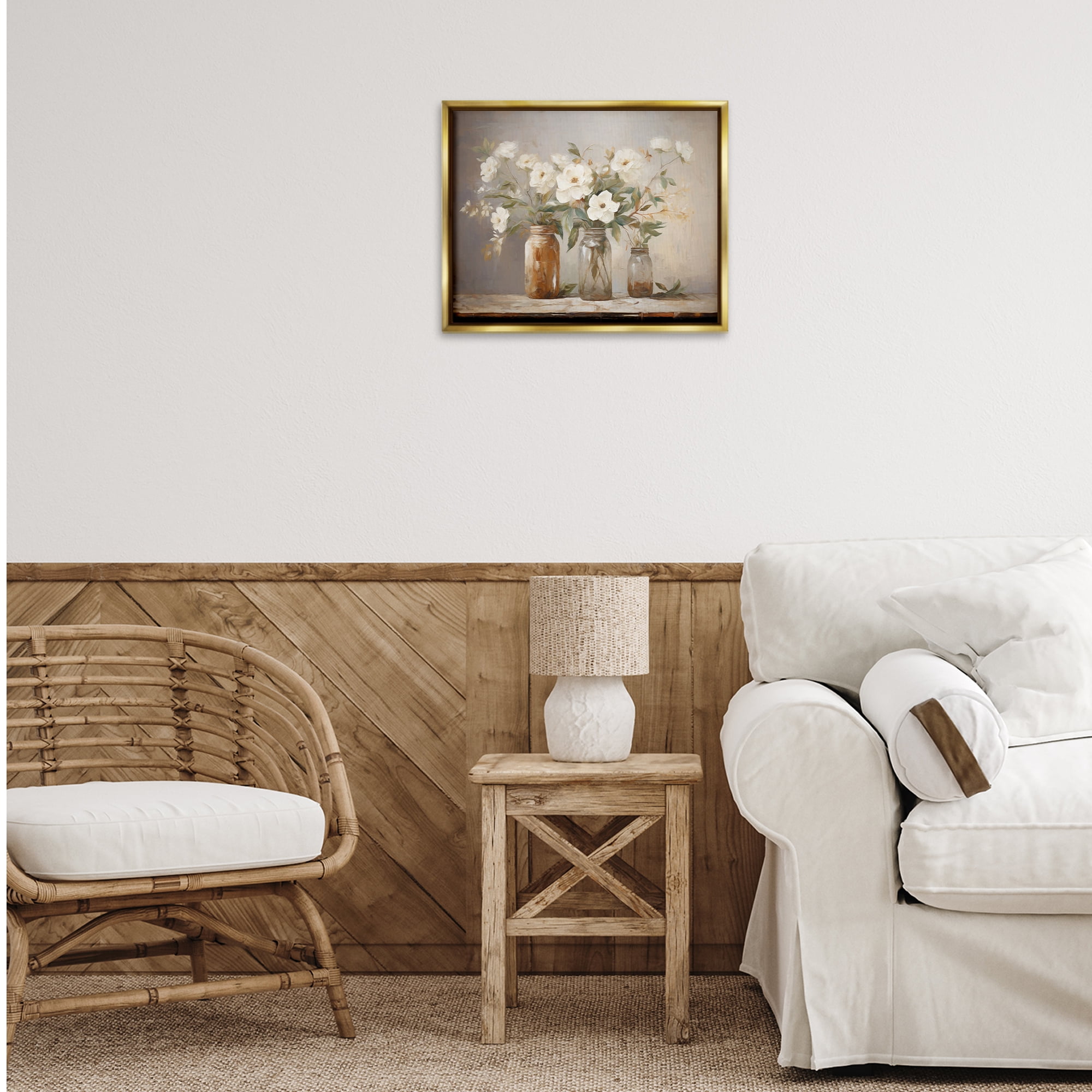 Stupell Industries Country Magnolia Jars Botanical & Floral Painting Gold Floater Framed Art Print Wall Art, 21 x 17