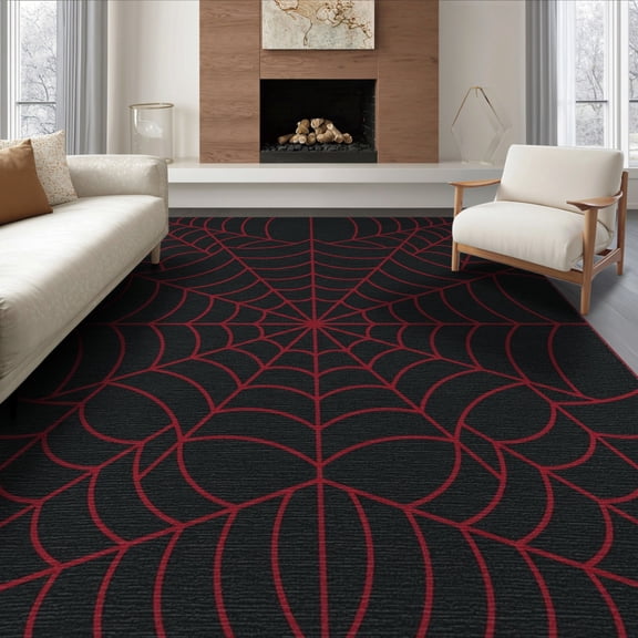 ODIKA 8'x10' Washable Area Rug Design With Bold Radiating Strands And Dark Border Spider Web Playful for Living Room, Under Sectional, Family , Durable, Non-Slip