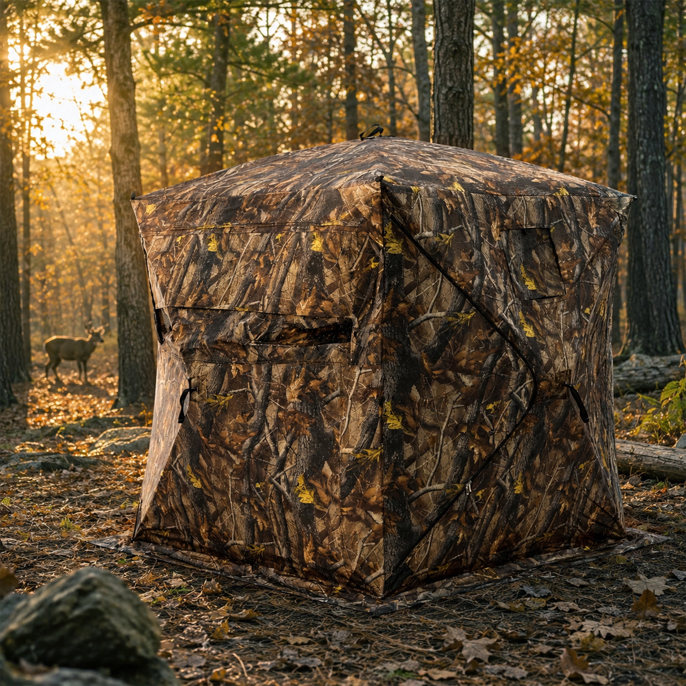 SHOUFTW Hunting Blind, 270° See-Through Ground Blind Shelter, 2-3 Person Pop-Up Instant Setup Hunting Tent with Silent Windows & Carry Bag, Camo