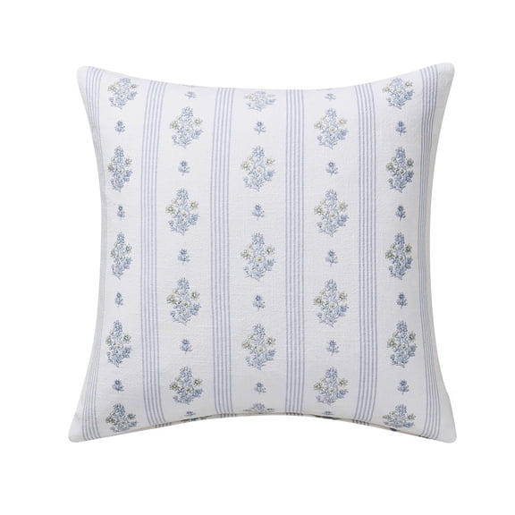 Floral Throw Pillow Set, 18"x18" Blue Striped Boho Linen Cushion, Vintage Block Print Farmhouse Decorative Pillow for Indoor Outdoor Couch Sofa Bed Home