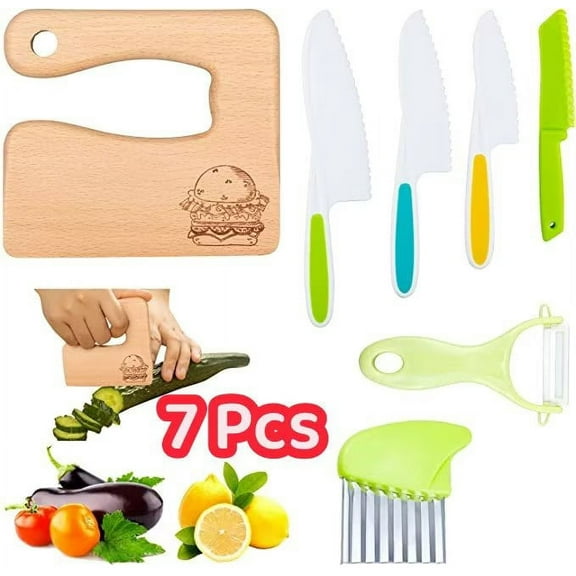 7 Pieces Wooden Kids Kitchen Knife Include Wood Kids Knife Plastic Potato Slicers Cooking Knives Serrated Edges Toddler Knife Kids Plastic Knife(Hamburger)