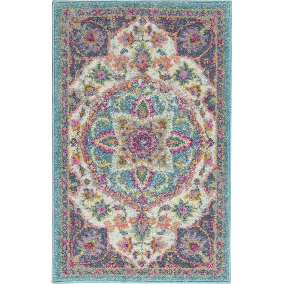 2â€™ x 3â€™ Pink and Blue Floral Medallion Scatter Rug