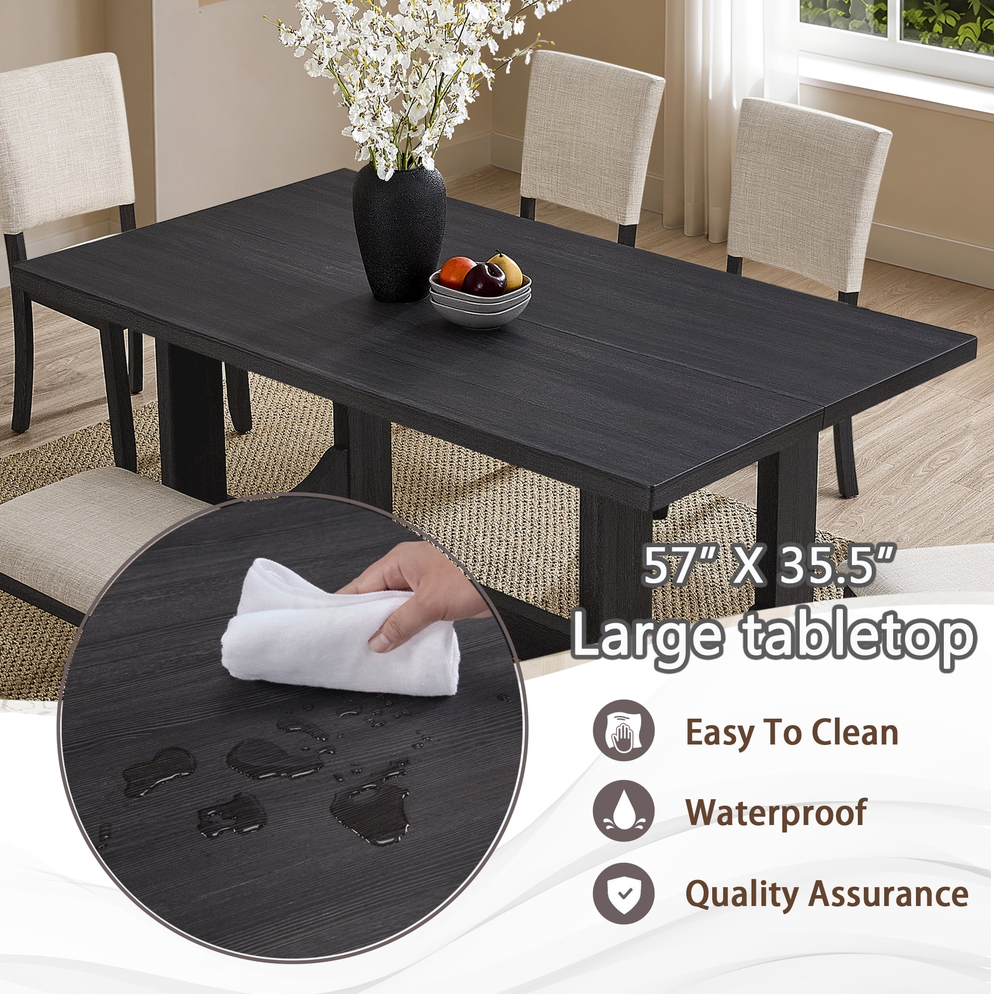 6-Piece Dining Table Set for 6, 57" Wood Rectangular Kitchen Table with 4 Chairs & Bench