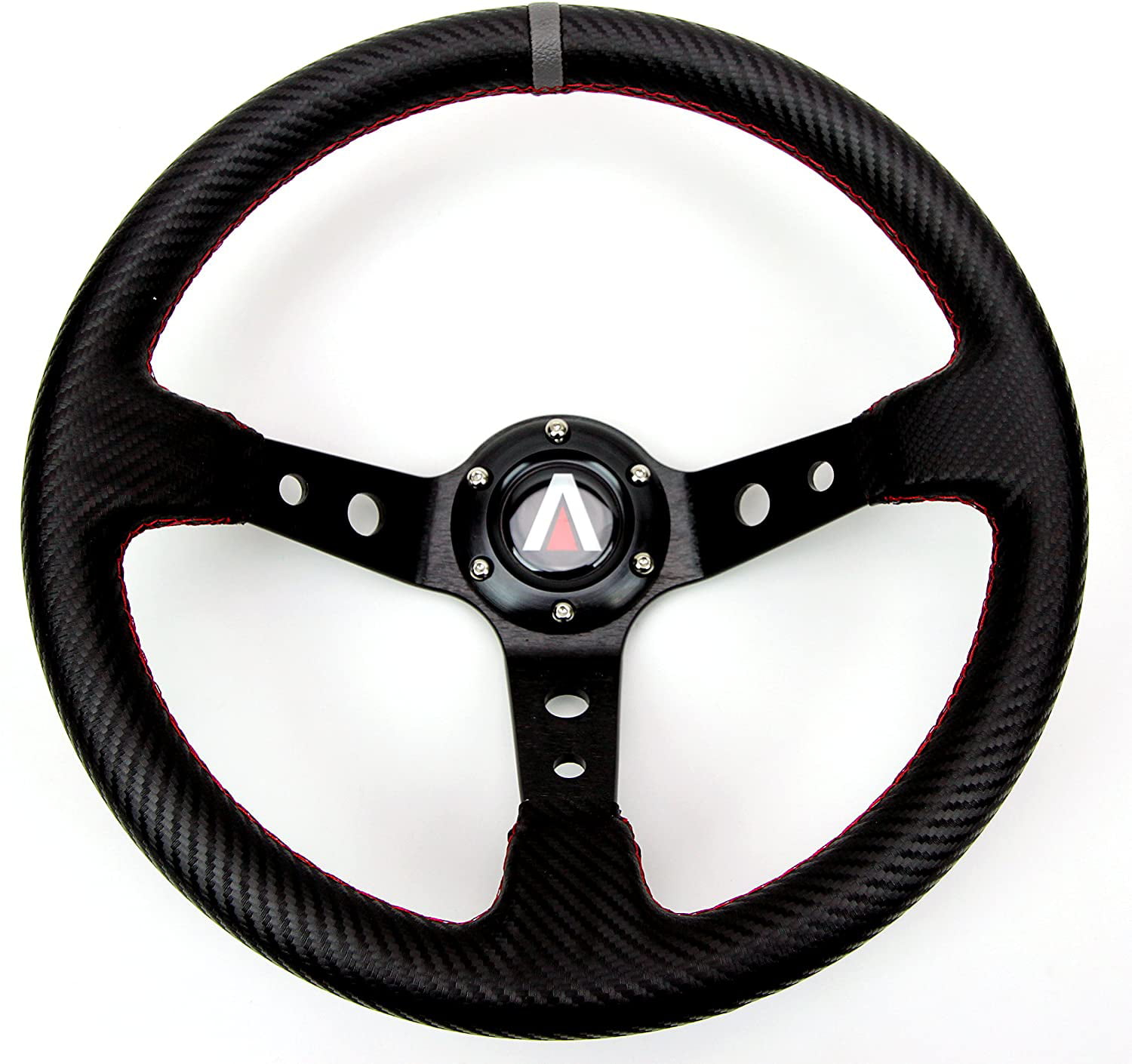 Black/Red 350mm Deep Dish 6-Bolt Steering Wheel w/Red Stitching Fits Universal 