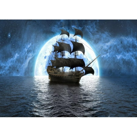 Image of 7x5ft Pirate Ship Backdrop Dark Night Galaxy Sea Ocean Sailboat Background Cruise Ship Pictures Birthday