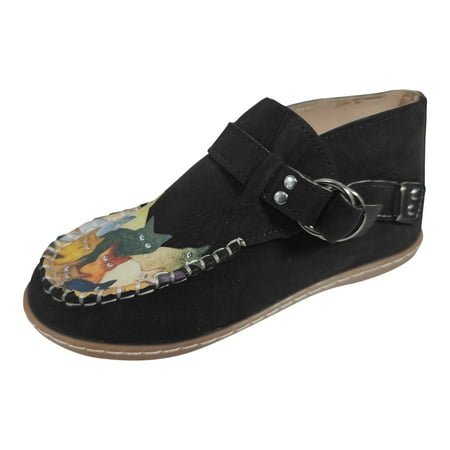

Fashion Female Warm Boots Female Comfort Cartoon Cat Printed Leather Button Casual Flat Ankle Boots