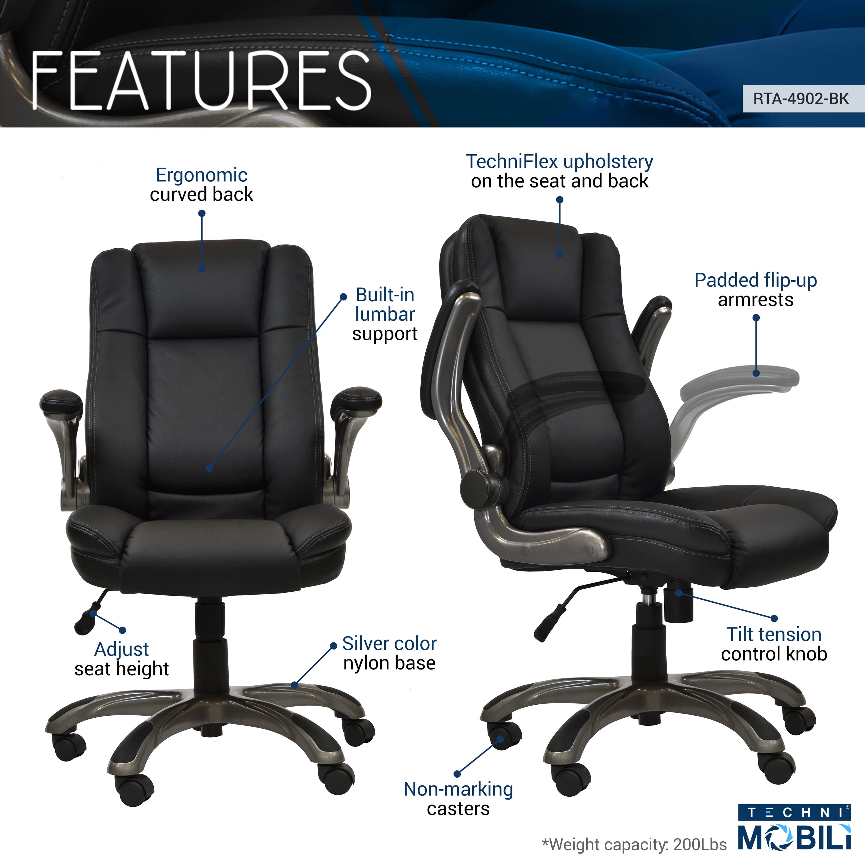 Techni Mobili Ergonomic Faux Leather Office Chair – Ultra-Padded Executive Desk Chair with Flip-Up Armrests, Height Adjustable, Tilt Control, and Smooth-Rolling Wheels, Black