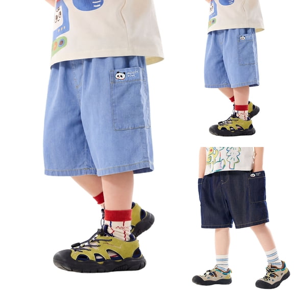 CAIXIA Boys Baggy Jeans Shorts Kids Wide Leg Embroidered Denim Shorts Knee Length Elastic Waist Cargo Jorts Trendy Boyfriend School Bermuda Shorts Streetwear Preppy Clothes with Pockets