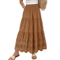 thumbnail image 3 of Women'S Boho Casual Solid Summer 2026 Lace Embroidery Eyelet Elastic Waist Skirt - Flowy Tiered A-Line Beach Maxi Skirt Flower Hollow-Out Vacation Maxi Skirt Khaki One Size, 3 of 6