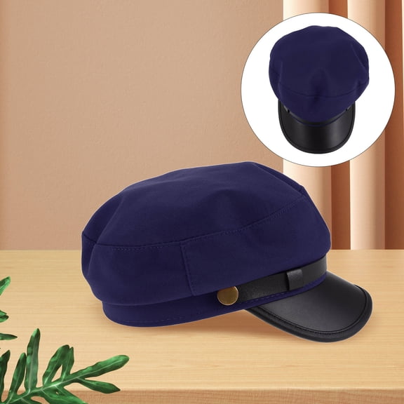 Minkissy Vintage Dark Blue Flat Top Hat Casual Unisex Beret with PU Closure for Daily Wear