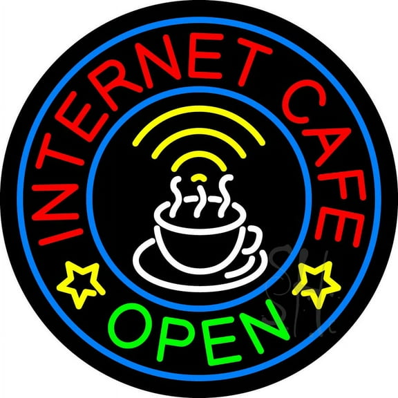 Internet Cafe Open LED Neon Sign 18 x 18 - inches, Clear Edge Cut Acrylic Backing, with Dimmer - Bright and Premium built indoor LED Neon Sign for Computer & Electronics store decor.