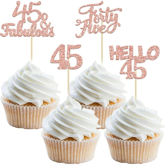 24Pcs Rose Gold Glitter 45th Birthday Cupcake Toppers 45 Fabulous Cupcake Picks Hello 45 Forty Five Cupcake Picks for 45th Birthday Cake Decorations Supplies
