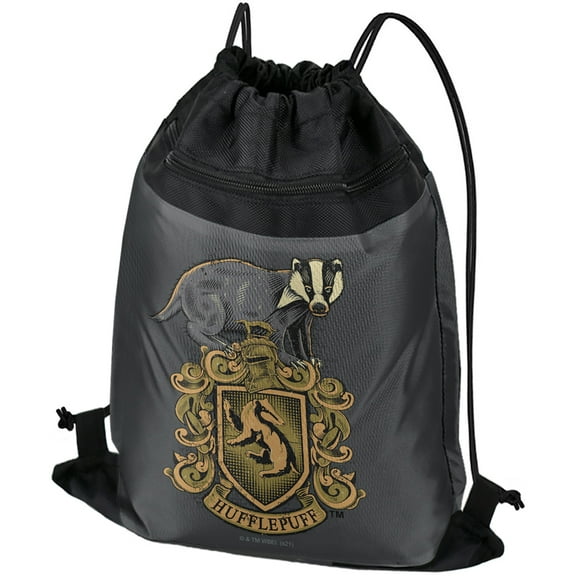 Harry Potter Hufflepuff Badger Crest Drawstring Backpack Sports Bag Sackpack 17" x 13", Perfect for Gym, Yoga or Practice