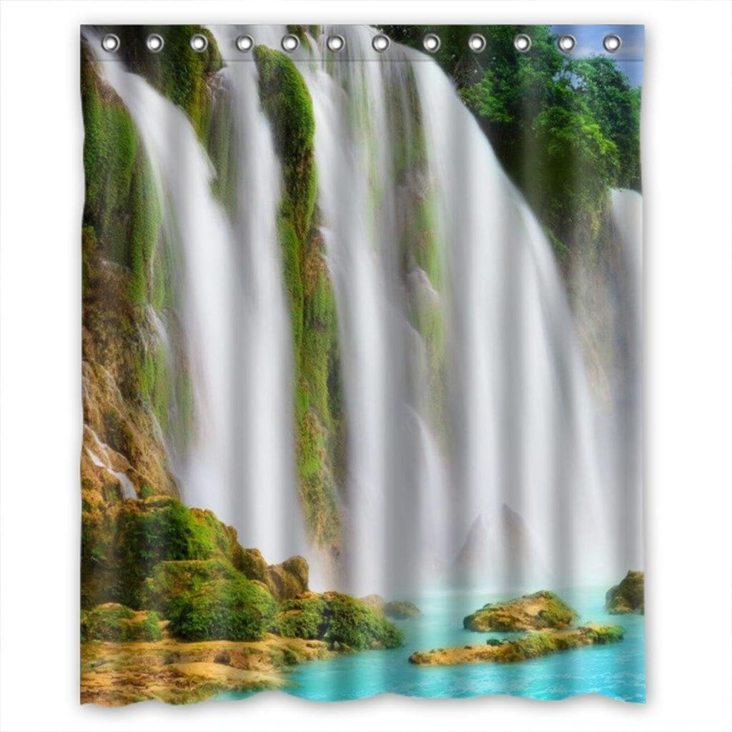 GreenDecor Glam Silk Waterfall And Blue Lake Waterproof Shower Curtain