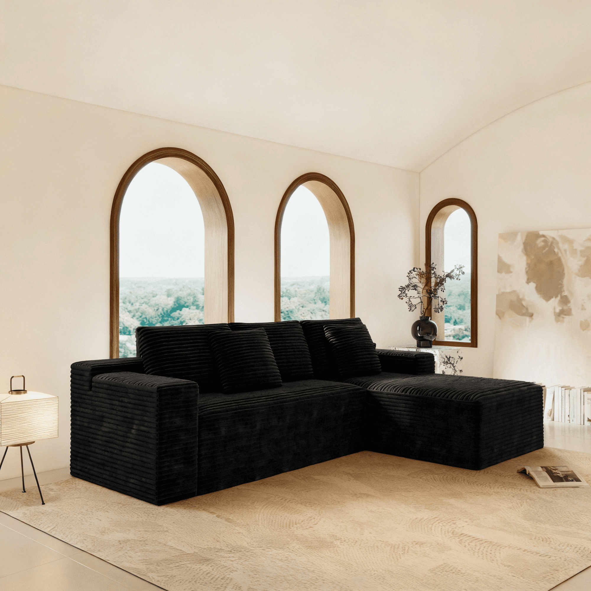 104" Modular Sectional Sofa,Oversized L-Shape Cloud Couch,Modern Corduroy Sleeper Couches Boneless Couches for Living Room,Bedroom,Apartmen,No Assembly Required,Black-Right Chaise