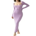 thumbnail image 1 of Robe Longue Moulante pour Femmes Couleur Unie Tricotée Côtelée Col Carré Manches Longues Robe Printemps Automne Fête Boîte de Nuit Robe Moulante, 1 of 5